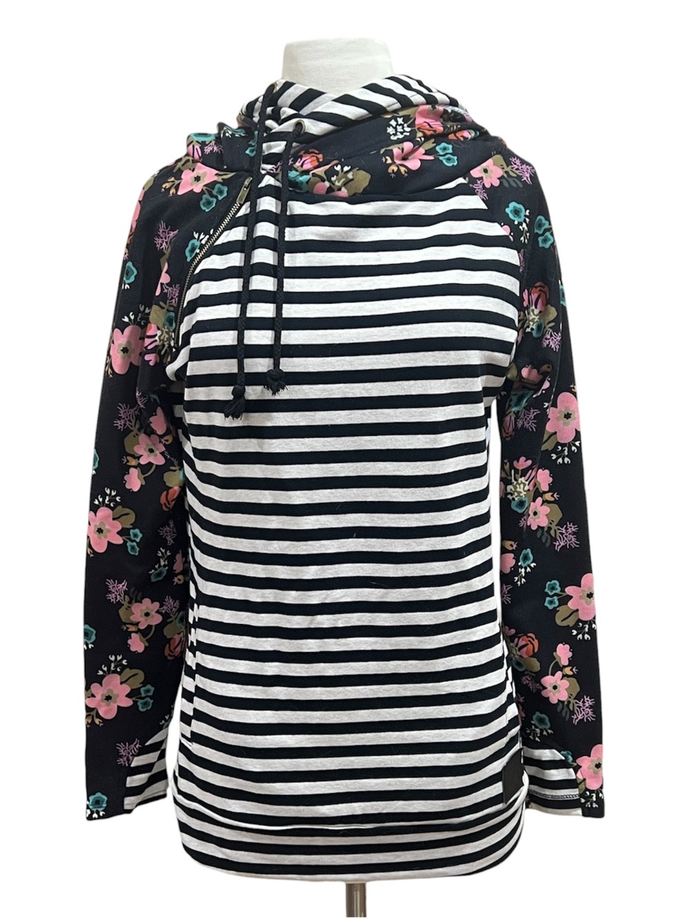 Ampersand Ave. Black Floral & Stripes Double Hooded Pullover Sweatshirt Sz Small